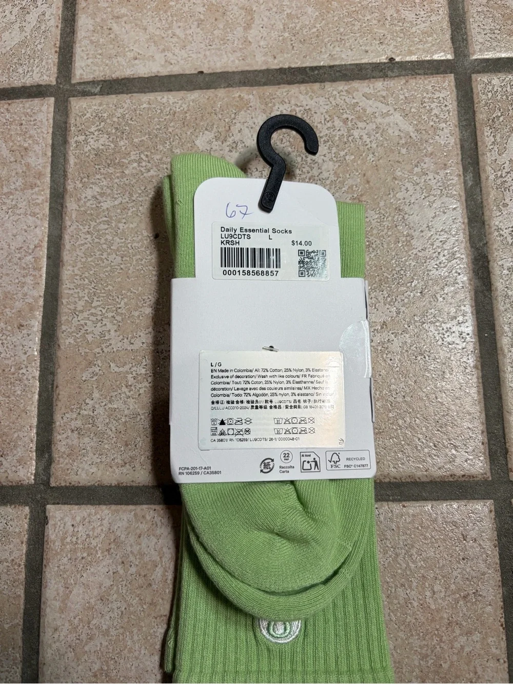 NWT Lululemon Daily Essential Socks *Crew Length (Kale Krush) Size L